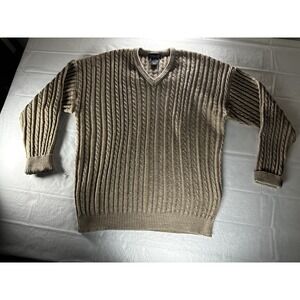 Tosani Cable Knit V Neck Sweater Mens Large Tan Cotton Ramie Blend wMade Canada